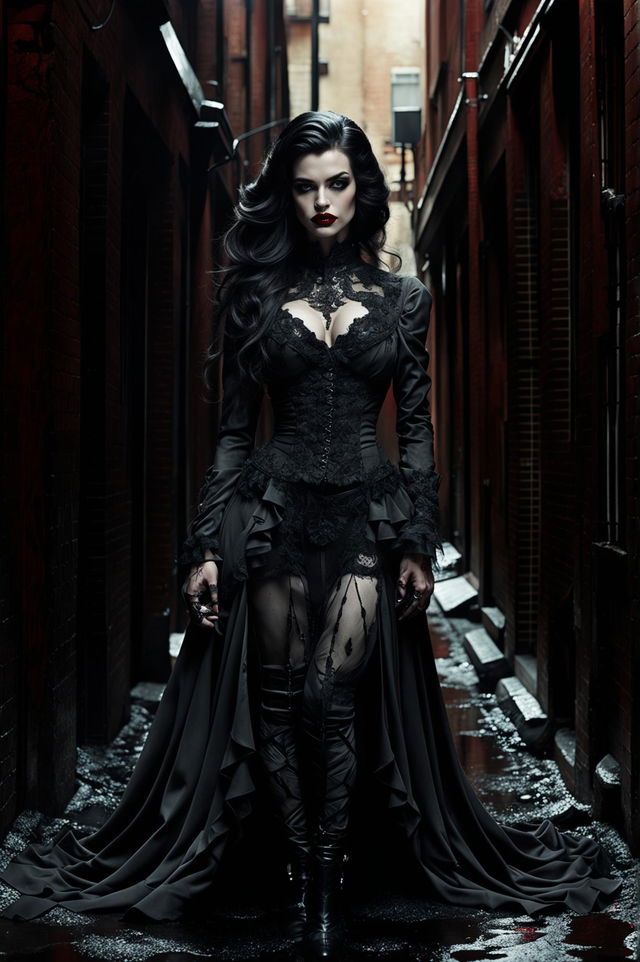 A high-quality, ground-level, full-body shot of a villainous woman in gothic rococo style, with striking red lips and a hint of blood