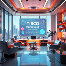 A visually stunning representation of a futuristic study room, showcasing a large holographic screen displaying the TIBCO BusinessWorks 6 exam dumps, with detailed graphics and icons related to business process management and software integration