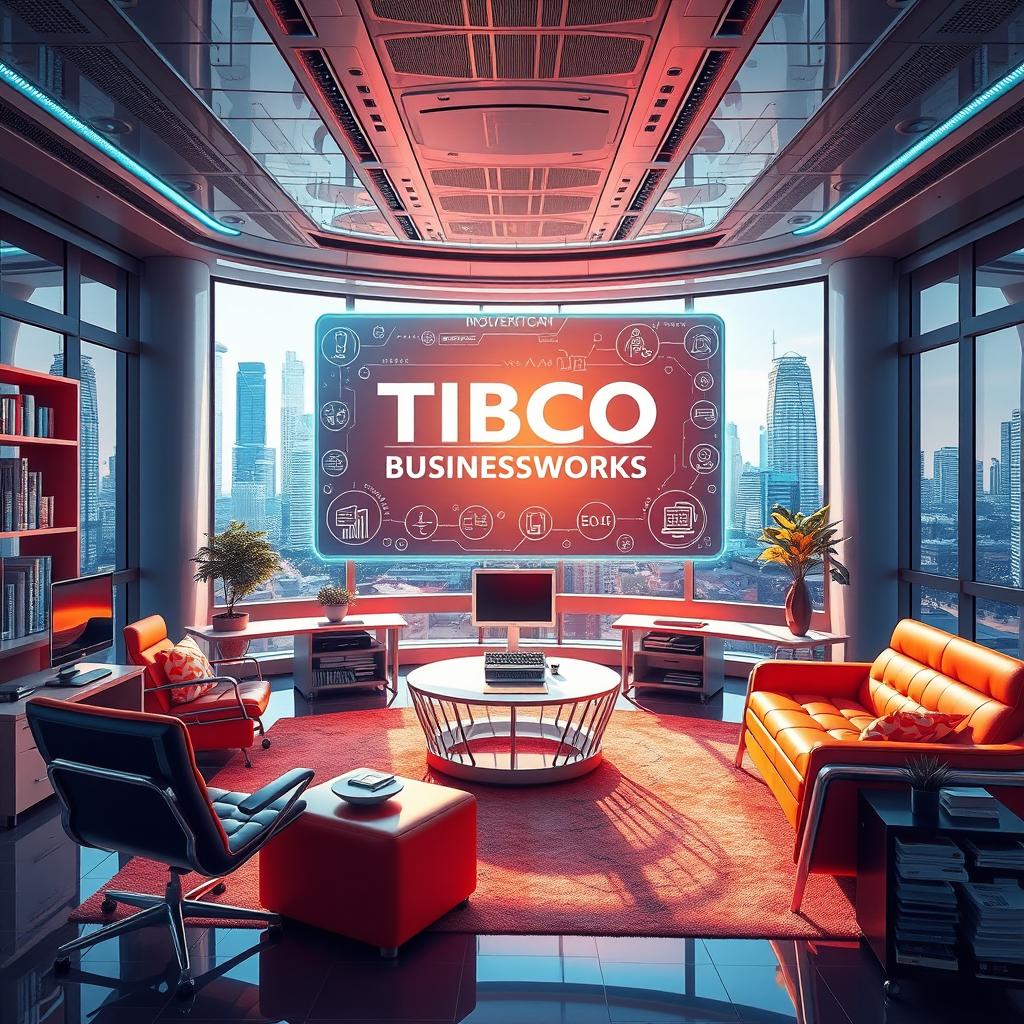 A visually stunning representation of a futuristic study room, showcasing a large holographic screen displaying the TIBCO BusinessWorks 6 exam dumps, with detailed graphics and icons related to business process management and software integration