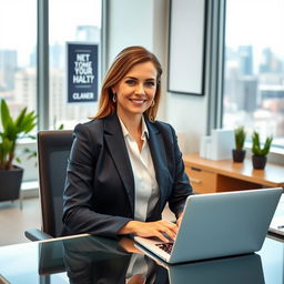 A confident 38-year-old woman in a stylish, tailored business suit, sitting at her modern office desk with a city skyline view in the background