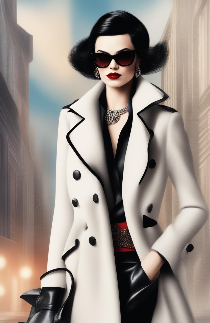 The image showcases a modern Cruella de Ville type woman in her mid-20s, commanding a high-end fashion runway under cinematic lighting