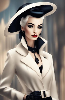 The image showcases a modern Cruella de Ville type woman in her mid-20s, commanding a high-end fashion runway under cinematic lighting