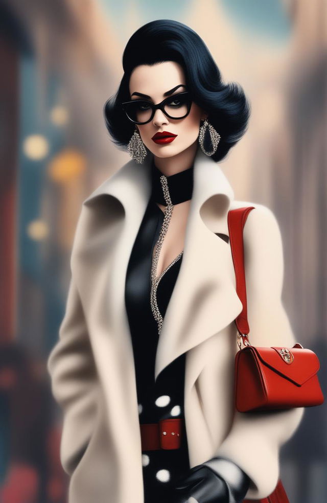 The image showcases a modern Cruella de Ville type woman in her mid-20s, commanding a high-end fashion runway under cinematic lighting