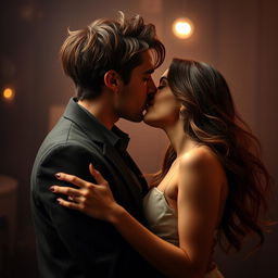 A passionate scene of a couple in a deep kiss, surrounded by a romantic atmosphere