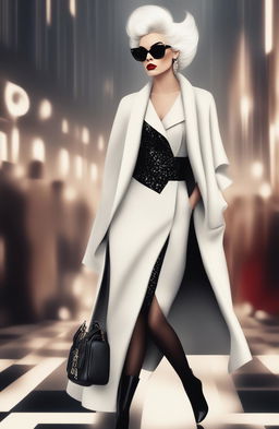 The image showcases a modern Cruella de Ville type woman in her mid-20s, commanding a high-end fashion runway under cinematic lighting