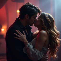 A passionate scene of a couple in a deep kiss, surrounded by a romantic atmosphere