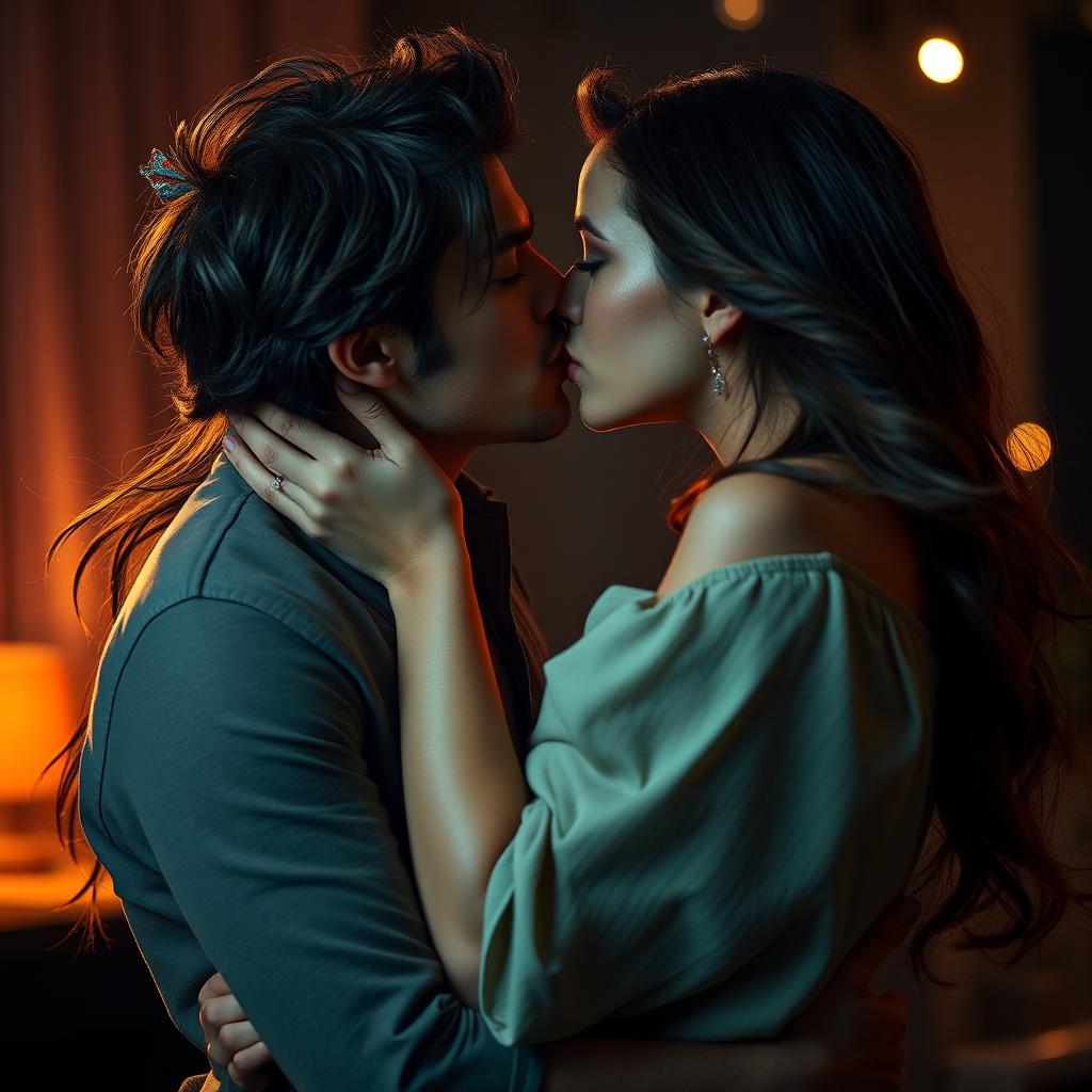 A passionate scene of a couple in a deep kiss, surrounded by a romantic atmosphere