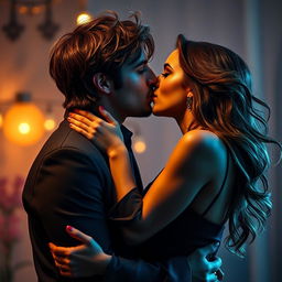 A passionate scene of a couple in a deep kiss, surrounded by a romantic atmosphere