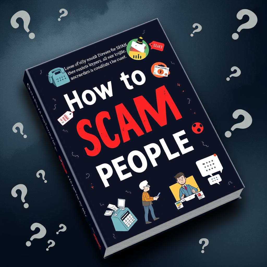 A visually engaging and informative book cover design featuring the title 'How to Scam People' prominently displayed