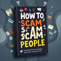 A visually engaging and informative book cover design featuring the title 'How to Scam People' prominently displayed