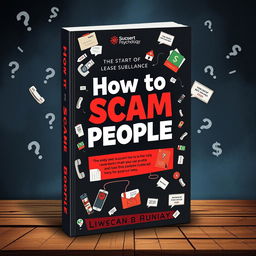 A visually engaging and informative book cover design featuring the title 'How to Scam People' prominently displayed