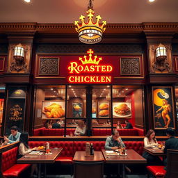 A visually stunning and elegant broasted chicken shop design, showcasing a royal theme with rich colors such as deep reds, golds, and royal blues