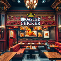 A visually stunning and elegant broasted chicken shop design, showcasing a royal theme with rich colors such as deep reds, golds, and royal blues