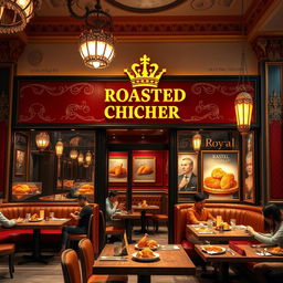 A visually stunning and elegant broasted chicken shop design, showcasing a royal theme with rich colors such as deep reds, golds, and royal blues