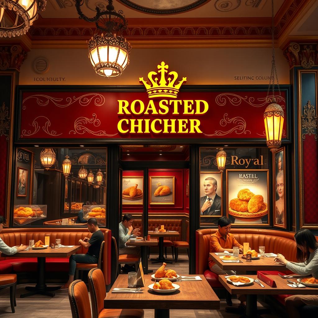 A visually stunning and elegant broasted chicken shop design, showcasing a royal theme with rich colors such as deep reds, golds, and royal blues