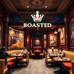 A visually stunning and elegant broasted chicken shop design, showcasing a royal theme with rich colors such as deep reds, golds, and royal blues