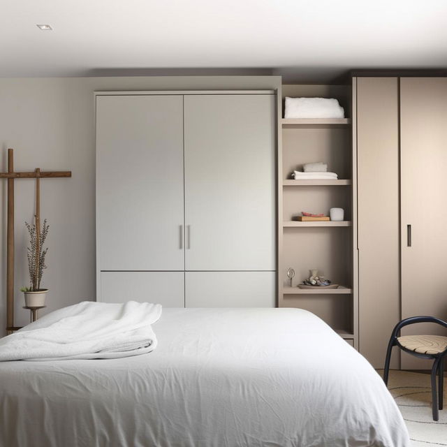 A cozy, well-organized bedroom featuring a queen-size bed with soft bedding, a functioning study area with a contemporary desk and chair, and a large, stylish 5-door wardrobe for ample storage.