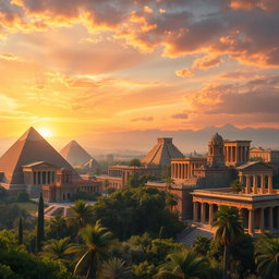 A magnificent landscape showcasing ancient civilizations, including grand pyramids of Egypt, towering Greek columns, intricate Mayan temples, and the iconic ruins of Rome, all harmoniously coexisting in a rich tapestry of history
