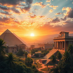 A magnificent landscape showcasing ancient civilizations, including grand pyramids of Egypt, towering Greek columns, intricate Mayan temples, and the iconic ruins of Rome, all harmoniously coexisting in a rich tapestry of history