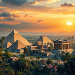 A magnificent landscape showcasing ancient civilizations, including grand pyramids of Egypt, towering Greek columns, intricate Mayan temples, and the iconic ruins of Rome, all harmoniously coexisting in a rich tapestry of history
