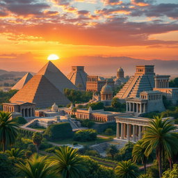 A magnificent landscape showcasing ancient civilizations, including grand pyramids of Egypt, towering Greek columns, intricate Mayan temples, and the iconic ruins of Rome, all harmoniously coexisting in a rich tapestry of history