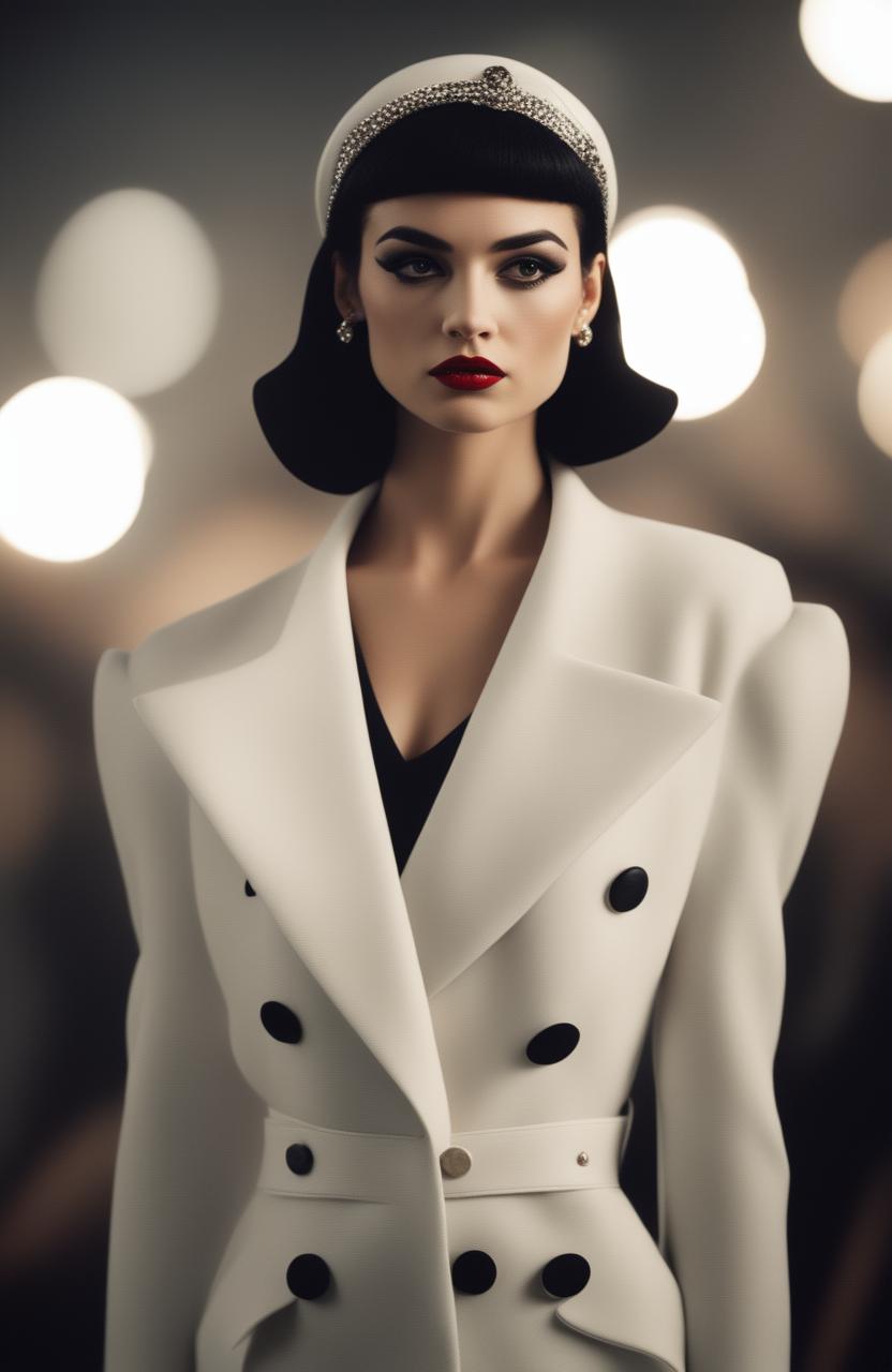 A raw, unedited professional photograph of a modern Cruella de Ville type woman in her mid-20s commanding a high-end fashion runway