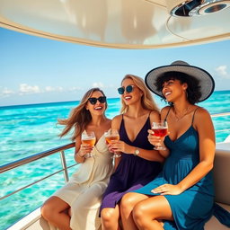Three elegant women enjoying a luxurious cruise on a beautiful yacht