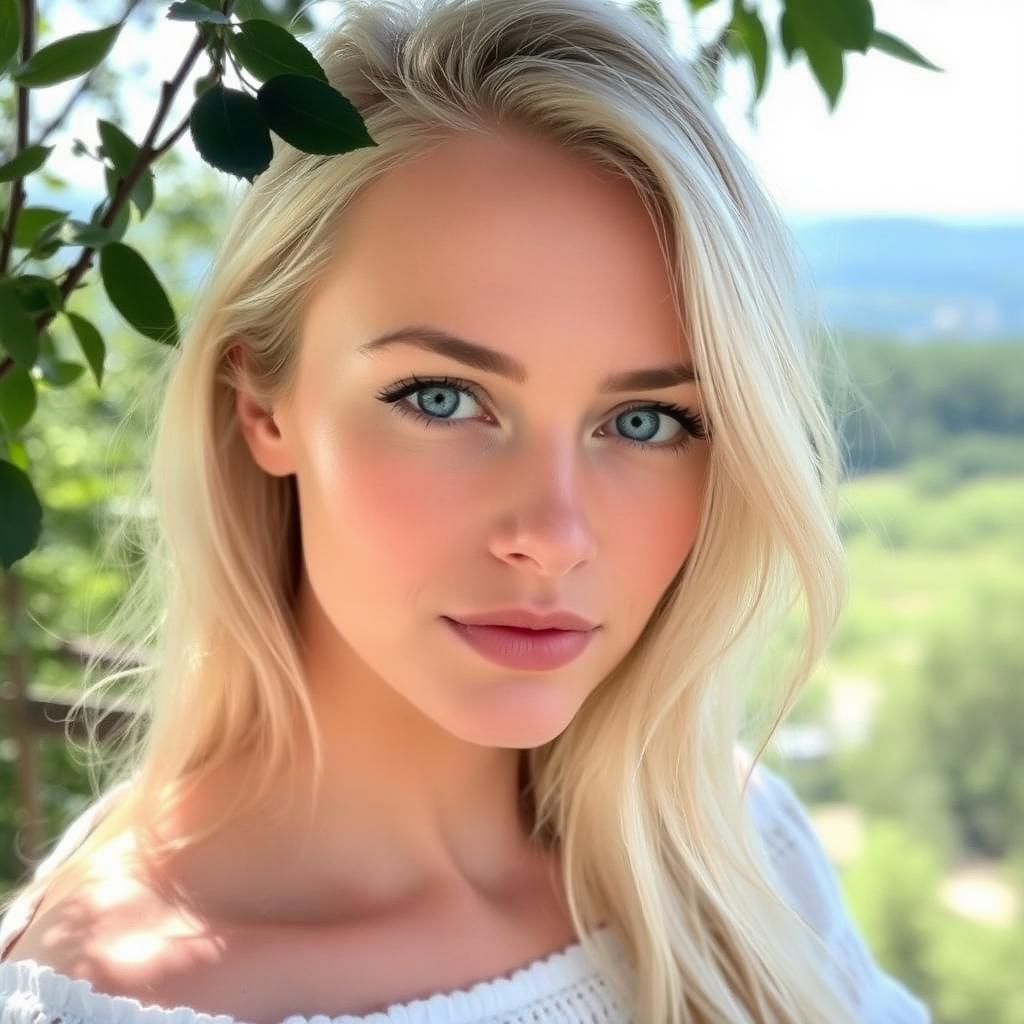 A 27-year-old woman with Russian features, characterized by her light blonde hair and striking blue eyes, embodying natural beauty