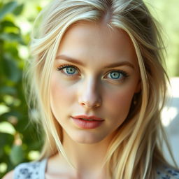A 27-year-old woman with Russian features, characterized by her light blonde hair and striking blue eyes, embodying natural beauty