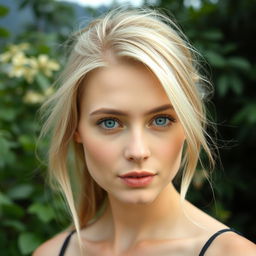 A 27-year-old woman with Russian features, characterized by her light blonde hair and striking blue eyes, embodying natural beauty