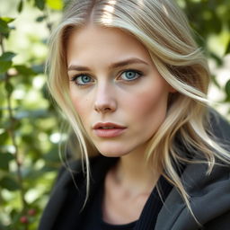 A 27-year-old woman with Russian features, characterized by her light blonde hair and striking blue eyes, embodying natural beauty