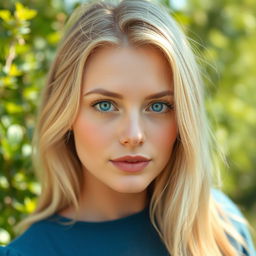 A 27-year-old woman with Russian features, characterized by her light blonde hair and striking blue eyes, embodying natural beauty