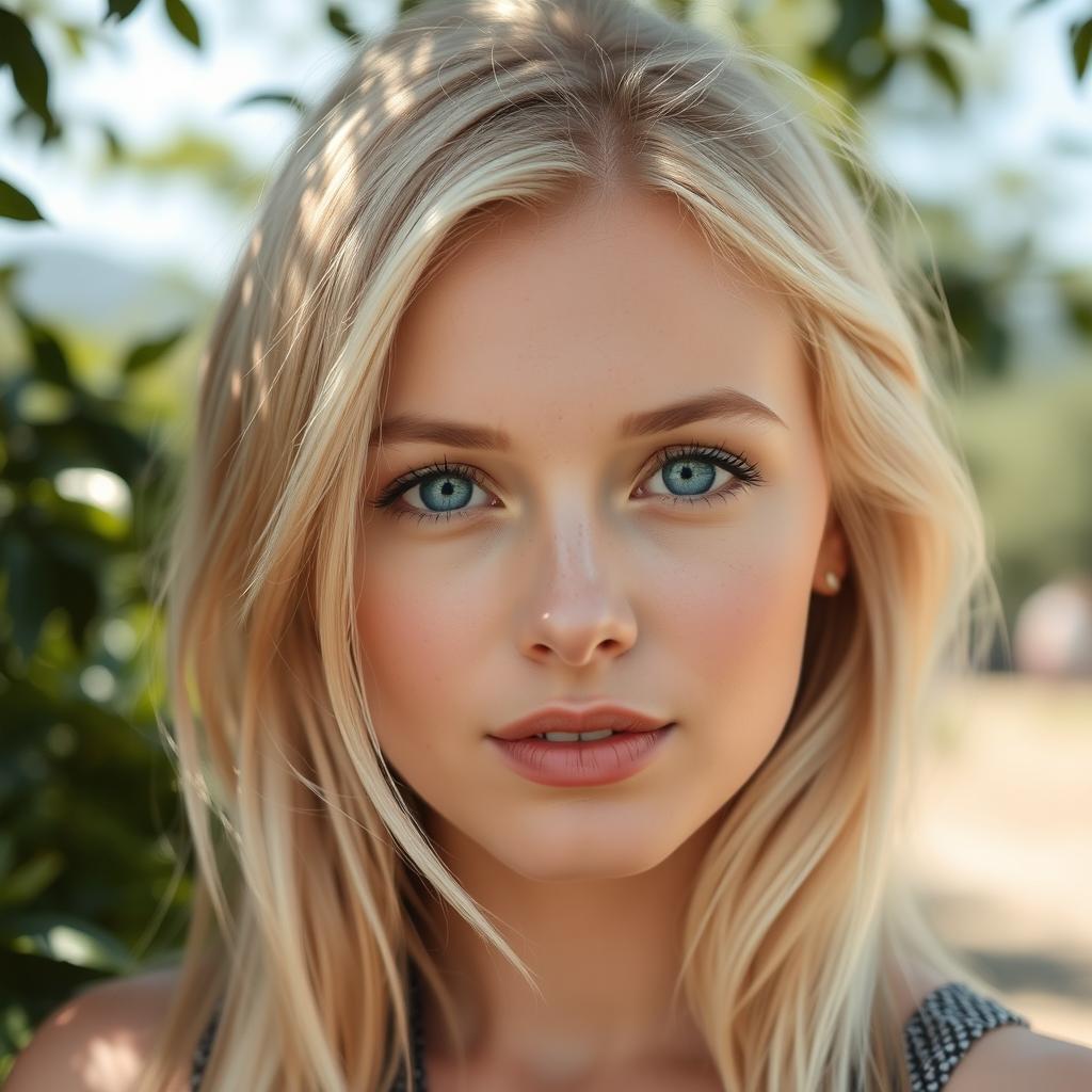 A 27-year-old woman with Russian features, characterized by her light blonde hair and striking blue eyes, embodying natural beauty