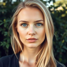 A 27-year-old woman with Russian features, characterized by her light blonde hair and striking blue eyes, embodying natural beauty