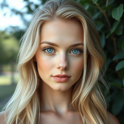 A 27-year-old woman with Russian features, characterized by her light blonde hair and striking blue eyes, embodying natural beauty