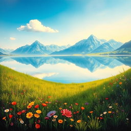 A serene landscape painting depicting a tranquil lake surrounded by majestic mountains under a clear blue sky