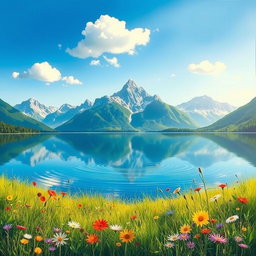 A serene landscape painting depicting a tranquil lake surrounded by majestic mountains under a clear blue sky