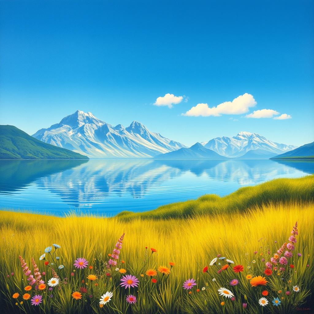 A serene landscape painting depicting a tranquil lake surrounded by majestic mountains under a clear blue sky