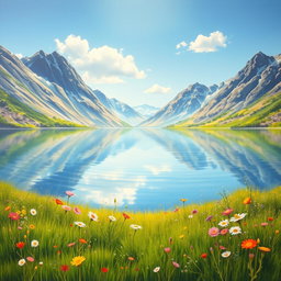 A serene landscape painting depicting a tranquil lake surrounded by majestic mountains under a clear blue sky