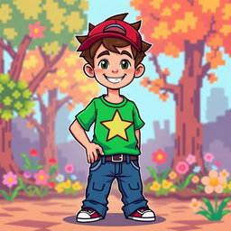 A vibrant 8-bit pixel art style character design of a young boy, featuring bright colors and a cheerful expression