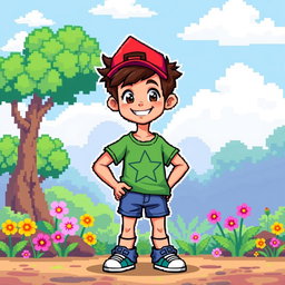 A vibrant 8-bit pixel art style character design of a young boy, featuring bright colors and a cheerful expression