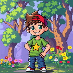 A vibrant 8-bit pixel art style character design of a young boy, featuring bright colors and a cheerful expression