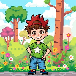 A vibrant 8-bit pixel art style character design of a young boy, featuring bright colors and a cheerful expression