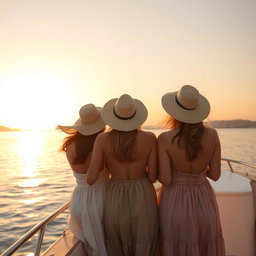 Three women on a boat enjoying a serene moment at sunset