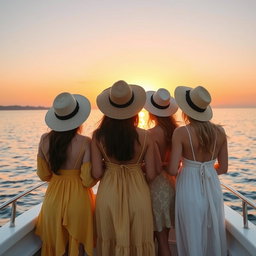 Three women on a boat enjoying a serene moment at sunset