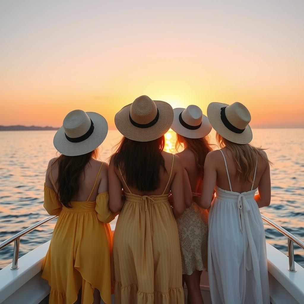 Three women on a boat enjoying a serene moment at sunset