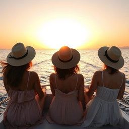 Three women on a boat enjoying a serene moment at sunset