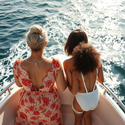 Three women representing three generations on a boat, viewed from the back