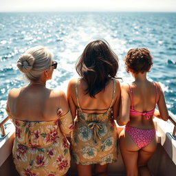 Three women representing three generations on a boat, viewed from the back