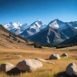 This is a high-resolution digital photograph capturing a vibrant valley and majestic mountains under a clear blue sky